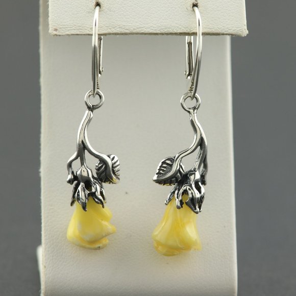 Sterling silver earrings with natural Baltic amber, amber rose drop earrings - Picture 14 of 14